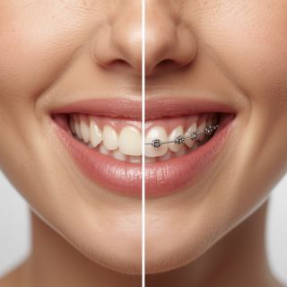 Illustration comparing teeth with braces and without braces to demonstrate orthodontic alignment