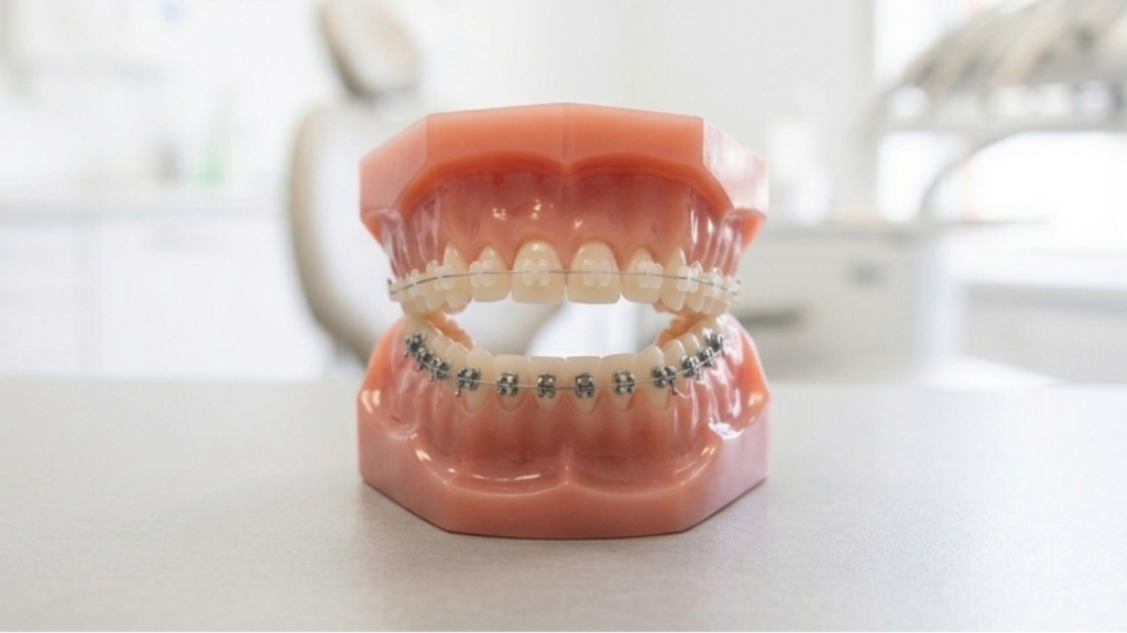 ceramic vs metal braces on a dental model