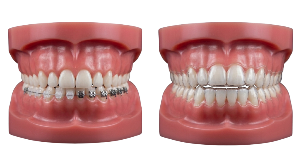 Diagram of dental models showing the difference between braces and aligners