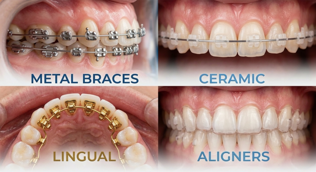 a diagram showing the difference between metal braces, ceramic braces, lingual braces and aligners