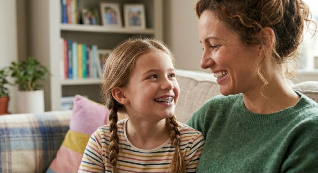 mother and daughter sitting together with braces on their teeth